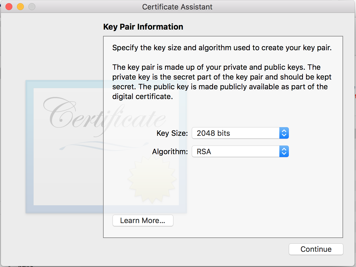 macOS 憑證助理視窗,設定金鑰大小與RSA演算法