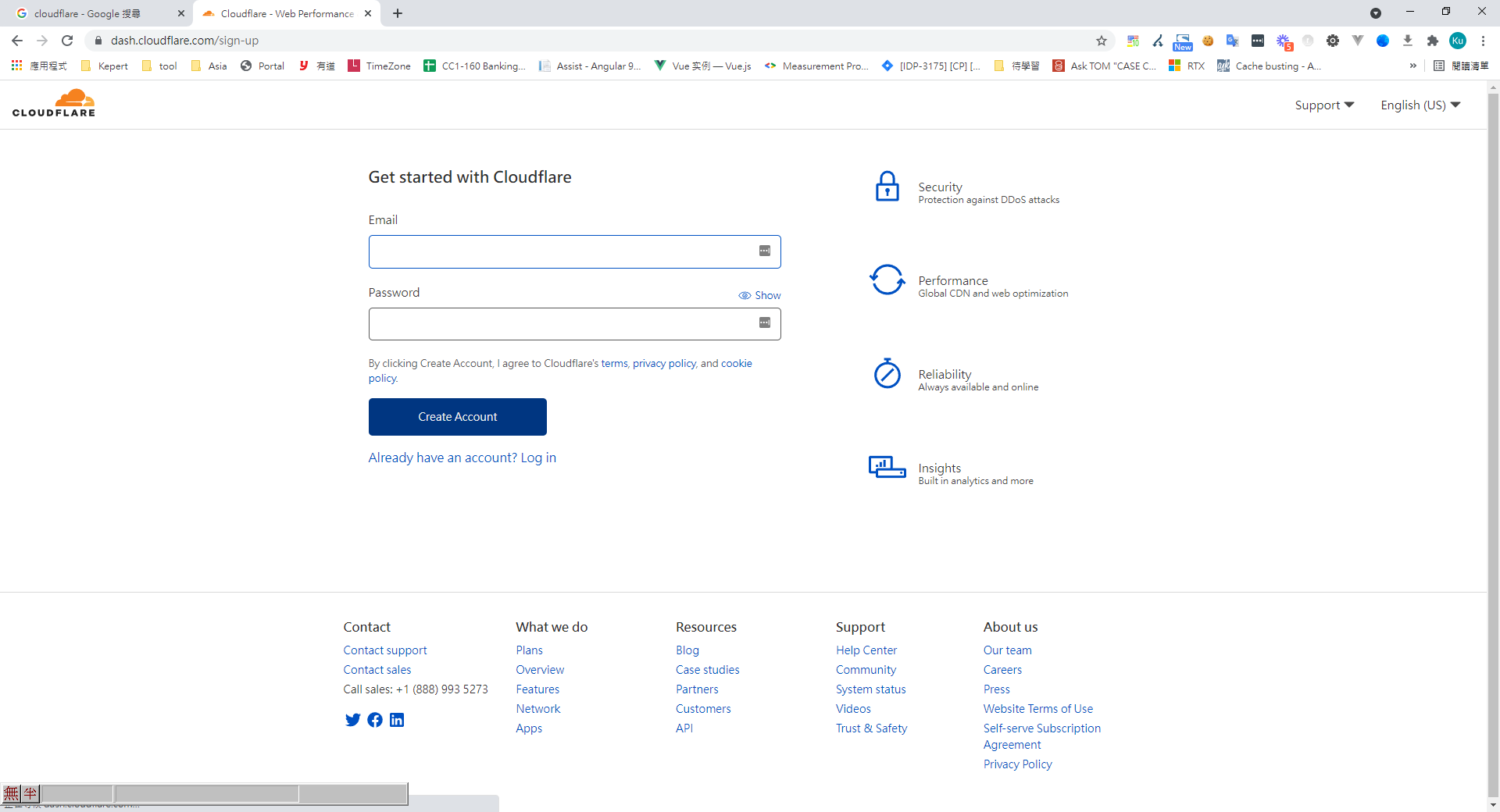 Cloudflare 註冊頁面，顯示帳號建立表單