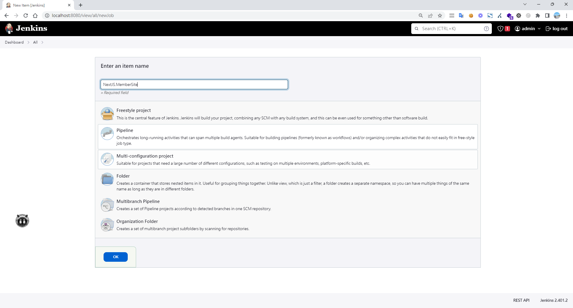 Jenkins建立新工作介面,輸入NextJS.MemberSite專案名稱