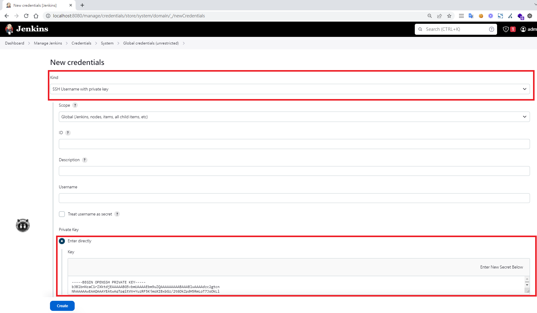 Jenkins新增SSH私鑰憑證的設定頁面