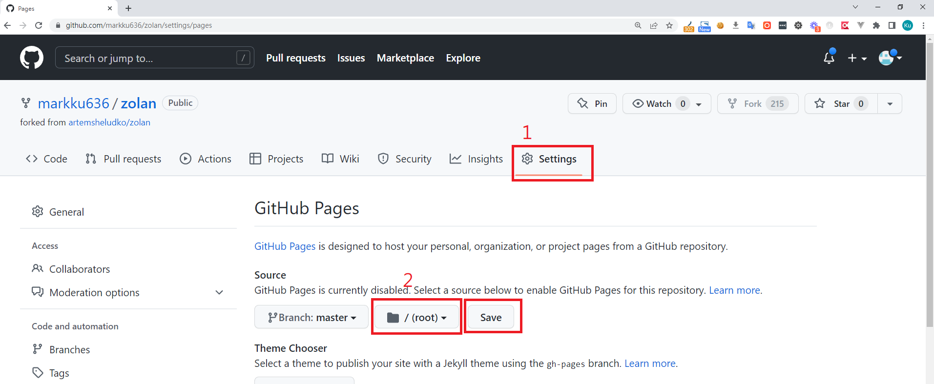 GitHub Pages設定頁面,選擇根目錄並儲存