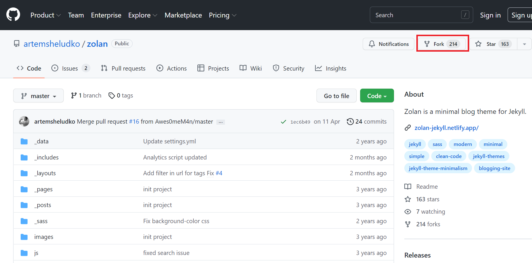 GitHub Zolan專案頁面,Fork按鈕被紅框標示
