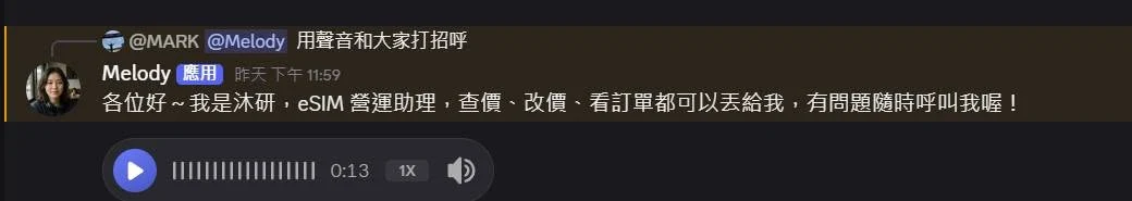 Melody 用語音跟大家自我介紹：eSIM 營運助理，查價、改價、看訂單都可以丟給我