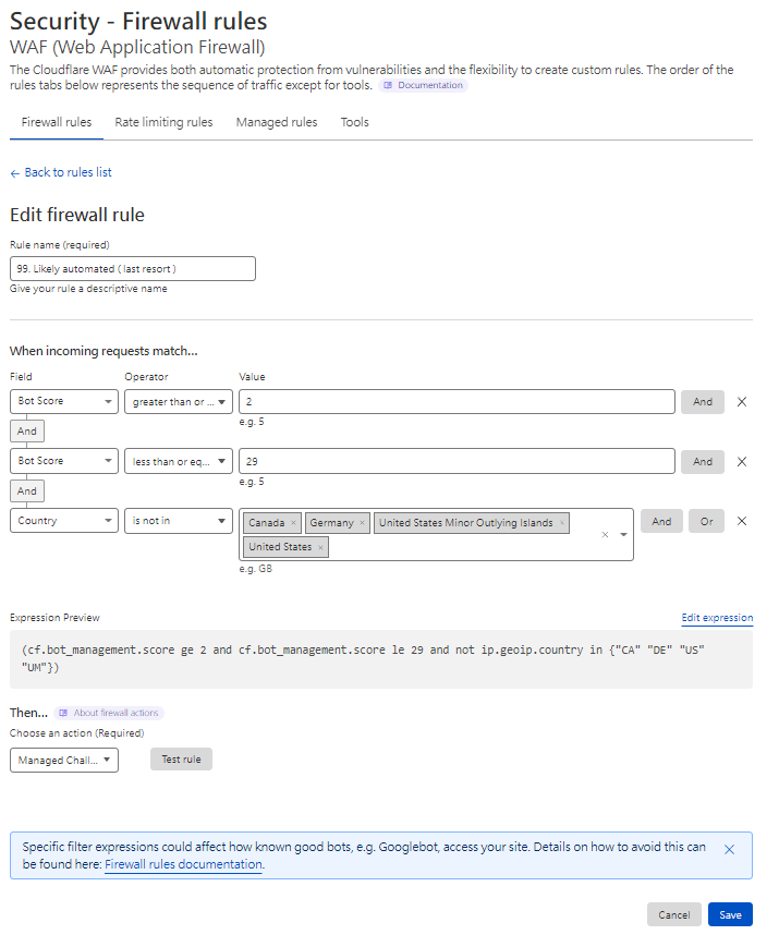 Cloudflare WAF 編輯疑似機械人挑戰規則