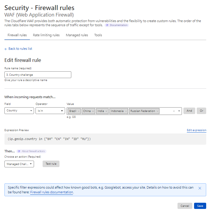 Cloudflare WAF設定國家挑戰防火牆規則介面