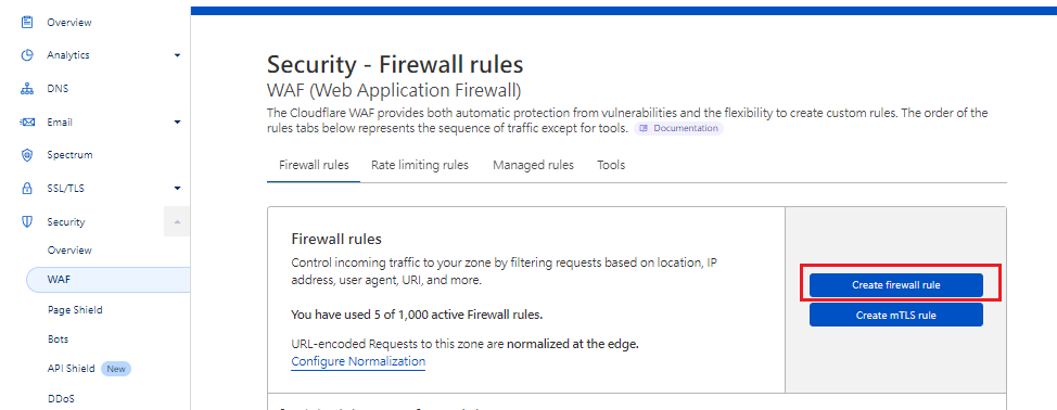 Cloudflare WAF防火牆規則頁面,建立防火牆規則按鈕
