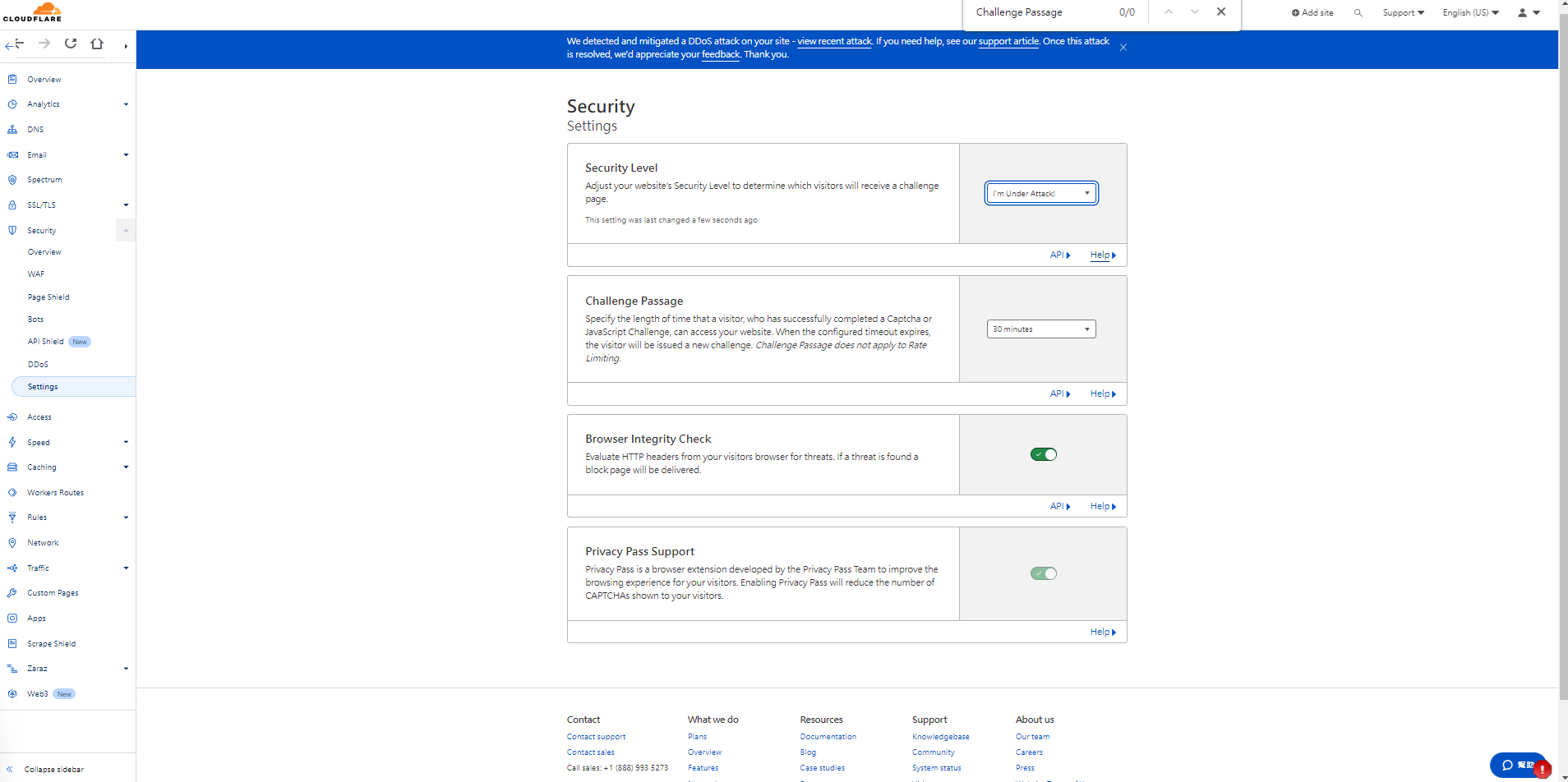 Cloudflare DDoS 設定頁面,安全等級為 I'm Under Attack!