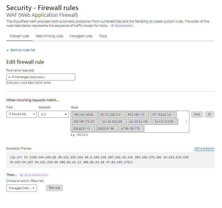 Cloudflare WAF編輯IP挑戰規則介面