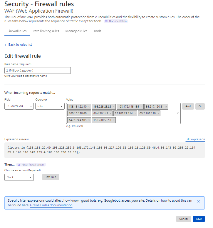 Cloudflare WAF 編輯防火牆規則,設定阻擋特定 IP 來源