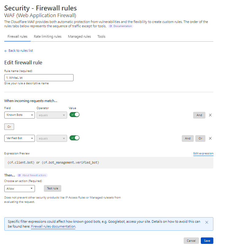 Cloudflare WAF建立白名單規則允許已知與驗證機器人
