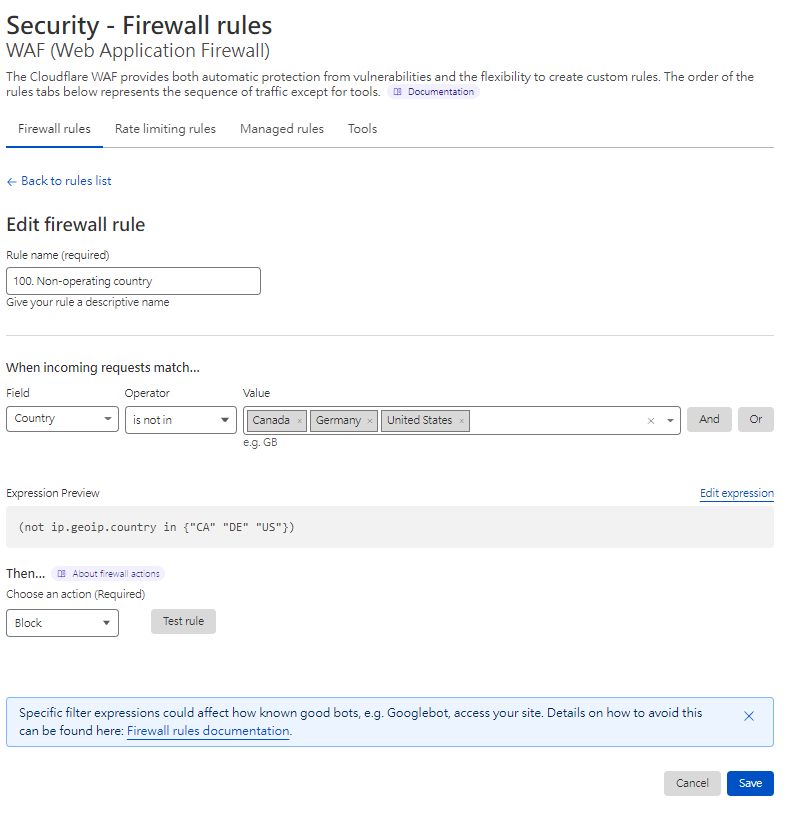 Cloudflare WAF 編輯防火牆規則,阻擋非營運國家請求