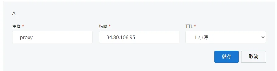 DNS A 紀錄設定畫面，主機 proxy 指向
