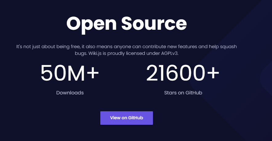 Wiki.js 開源資訊,顯示五千萬下載與兩萬GitHub星數