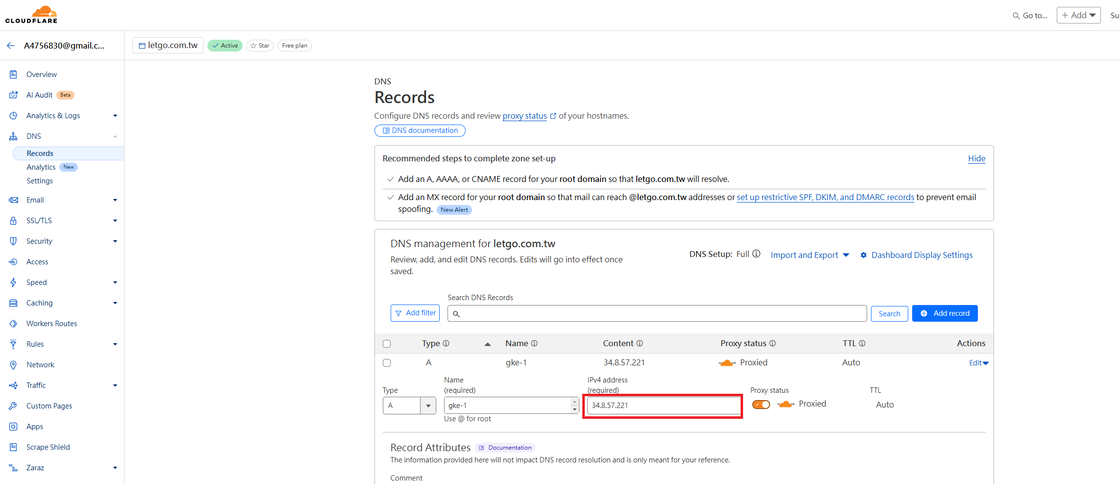 create a record in dns