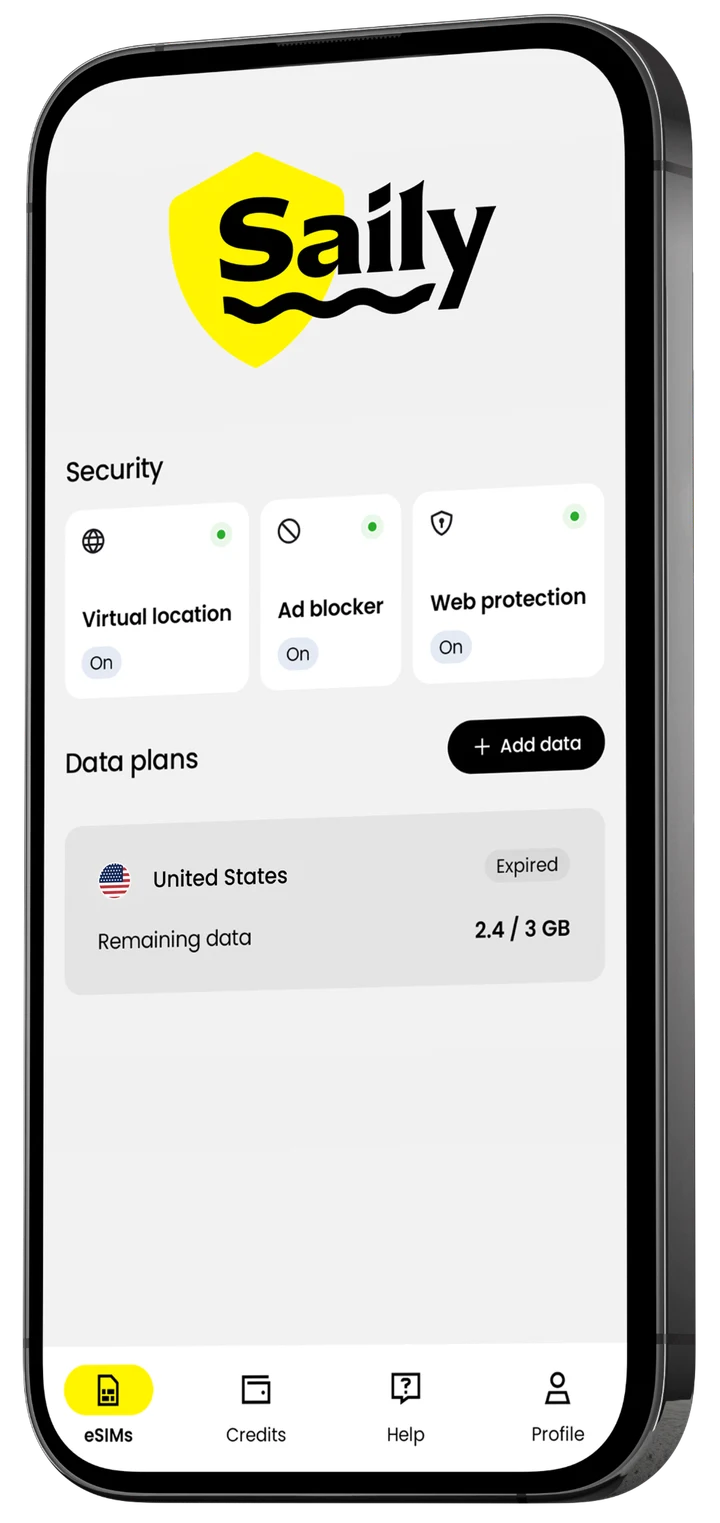 Saily App 畫面：內建虛擬位置、廣告攔截與網路防護