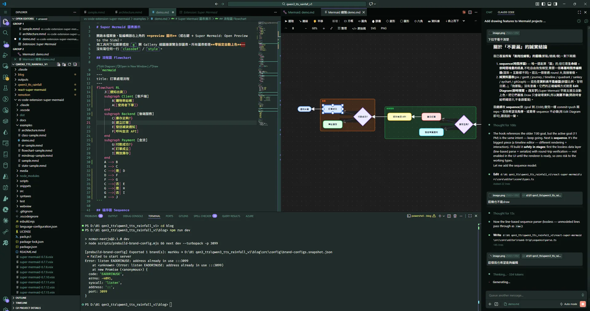 在 VS Code 裡用 Super Mermaid 的視覺化繪製編輯器編輯訂單流程圖，右側為 Claude Code 協作面板