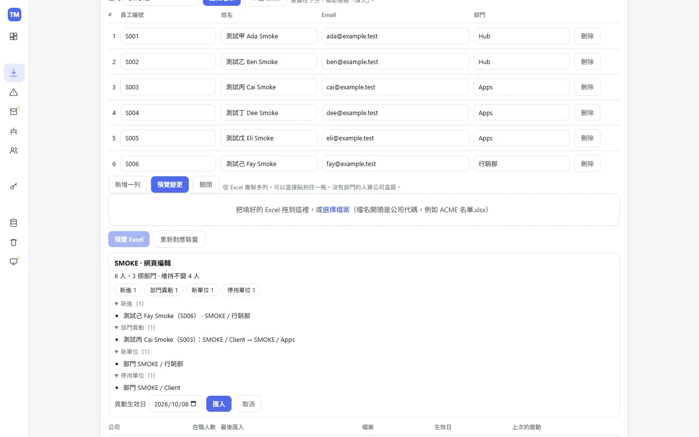 匯入前先預覽差異:新增、修改、停用的人各自列出來,確認了才寫入。名單上沒有的人只停用,不刪除。
