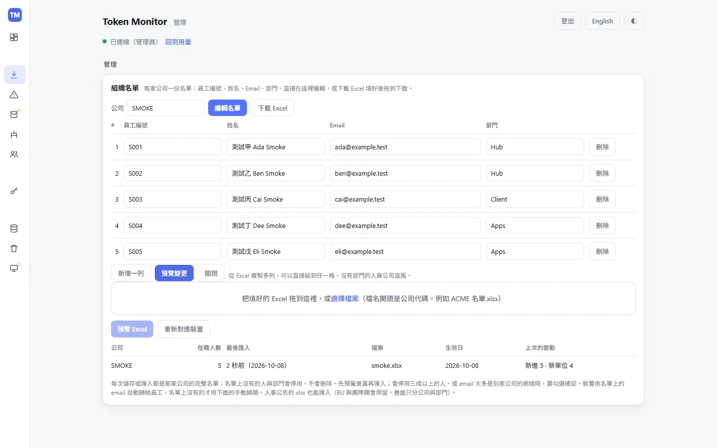 組織名單:每家公司一份(員工編號、姓名、Email、部門),直接在網頁上編輯,或下載 Excel 範本填好再拖回來。