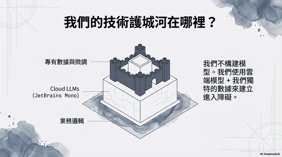 技術護城河 — 我們不構建模型，我們使用雲端模型 + 獨特數據來建立進入障礙